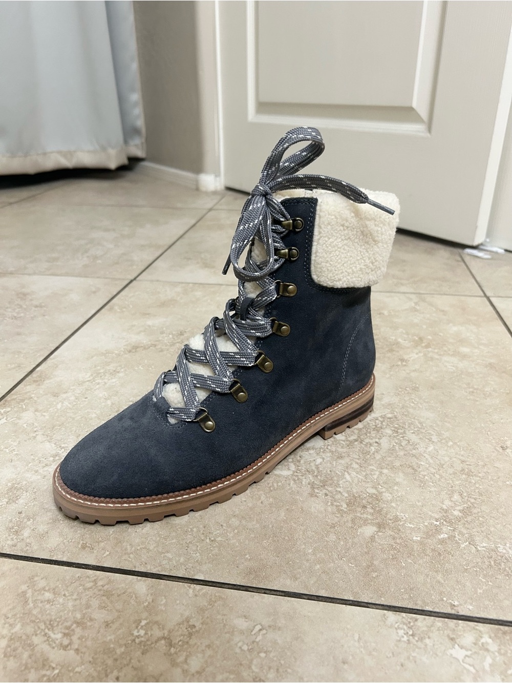Lands' End Navy Suede Lace-Up Sherpa Cuff Combat Boot